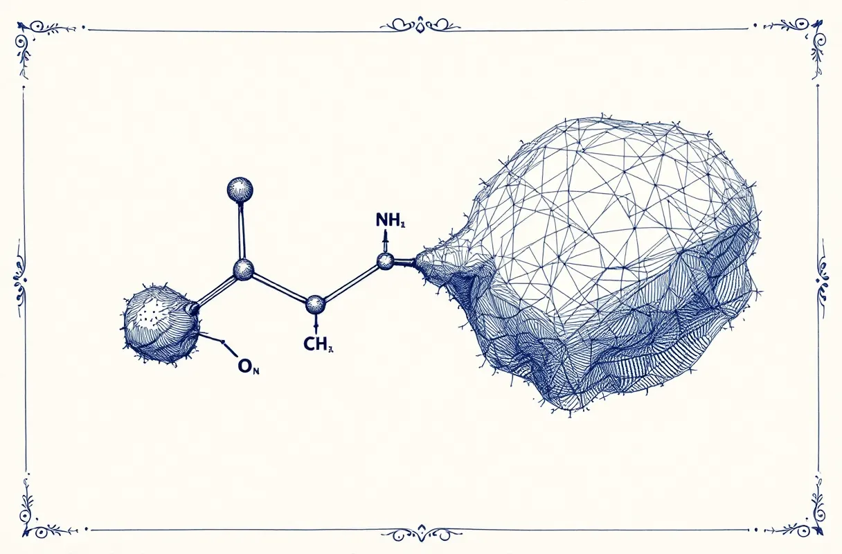 Ink-drawn plate showing an abstract peptide conjugated to an albumin globule