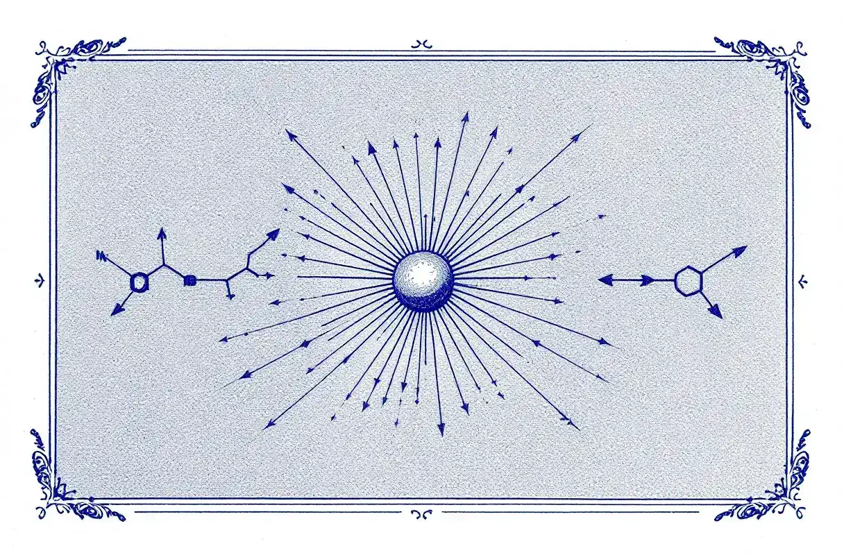 Ink-drawn plate of two peptides converging on an abstract central gland